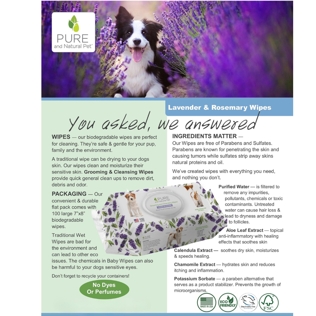 Pure and Natural Pet- Grooming & Cleansing Wipe - Lavender & Chamomile