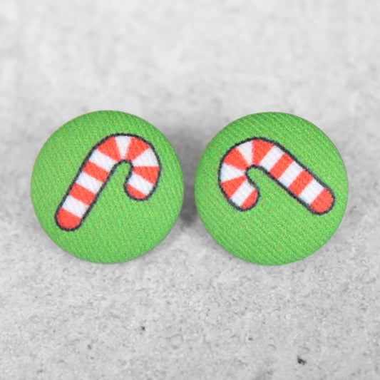 Rachel O's- 7/8in Candy Cane Fabric Button Earrings