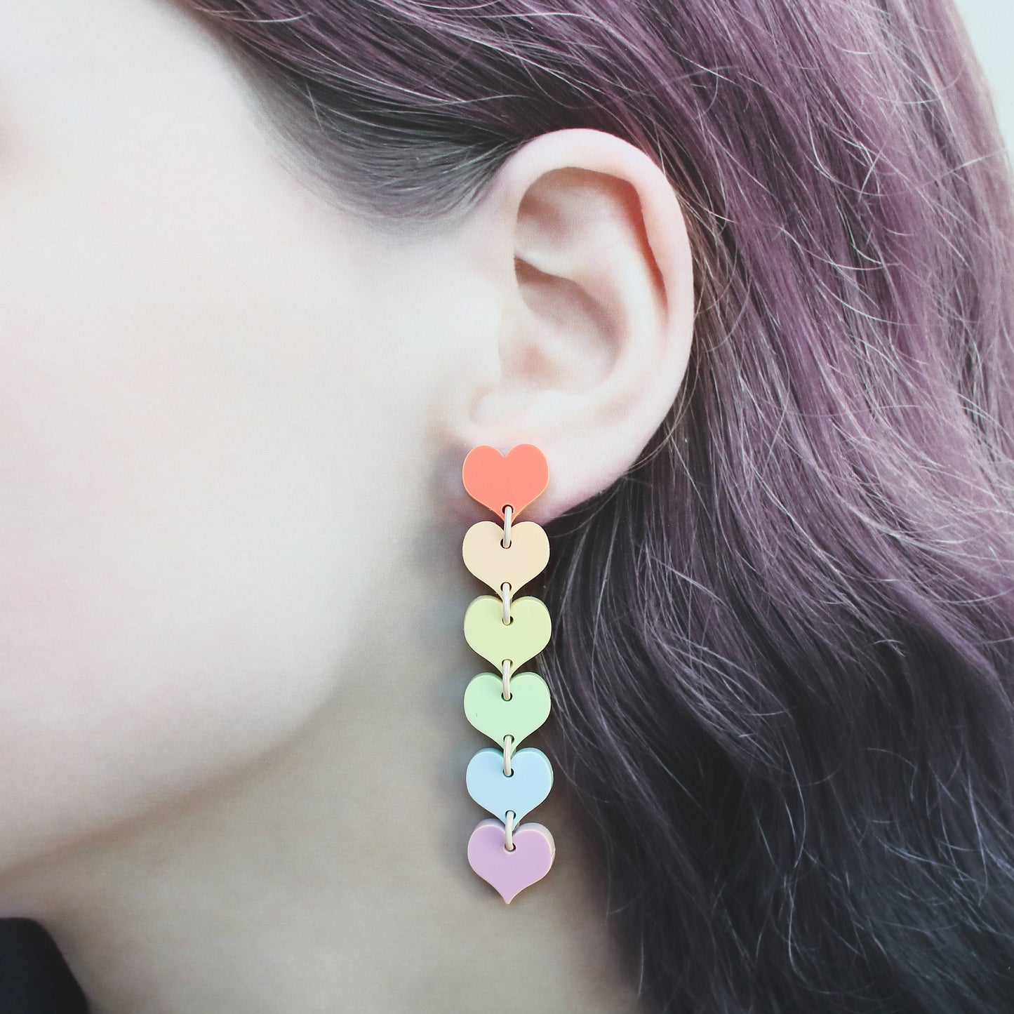 Rachel O's- Pastel Cascading Rainbow Hearts Acrylic Earrings