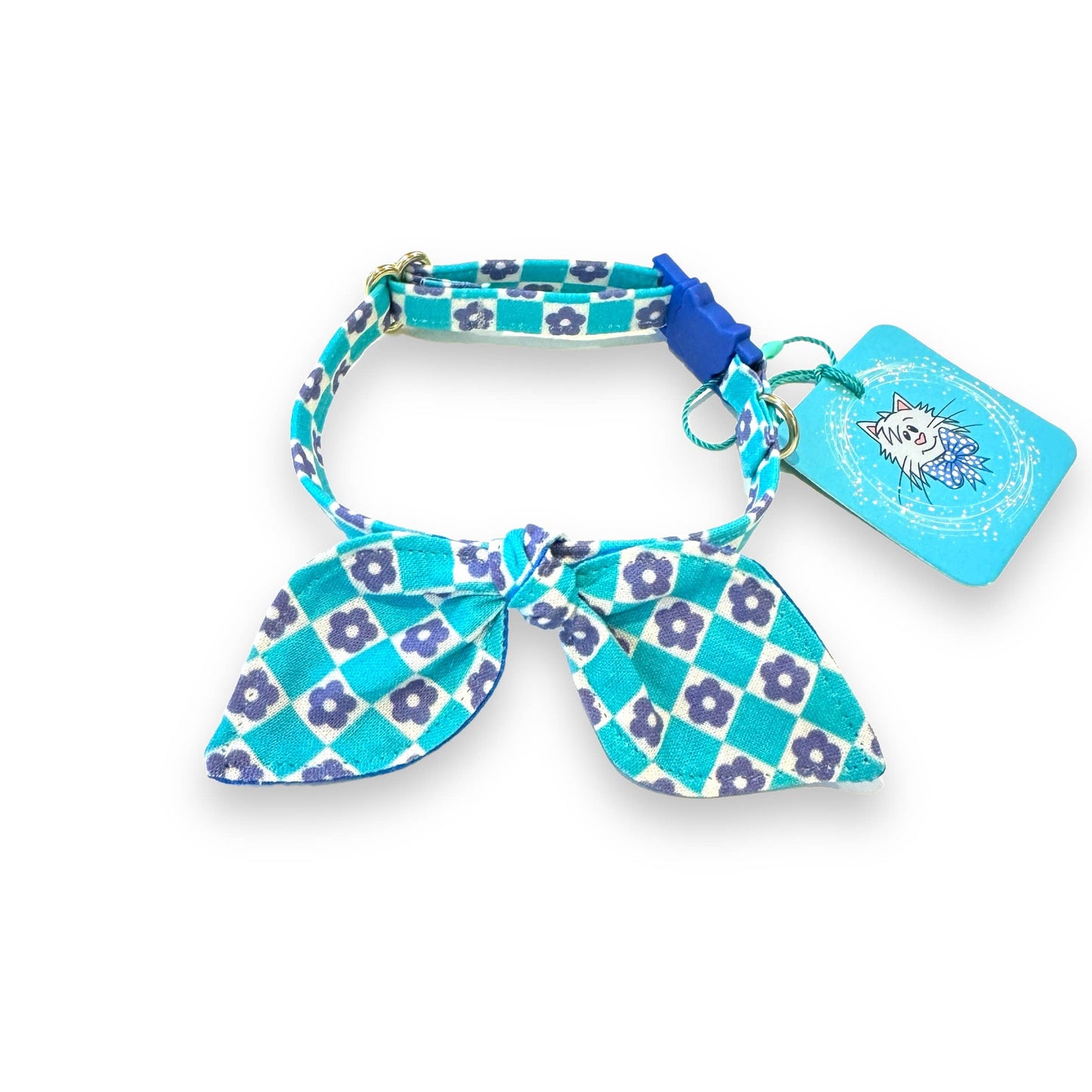 Whiskers Crafts- Cat Collar With Bunny Ears Bow - Blue Flowers Y2K