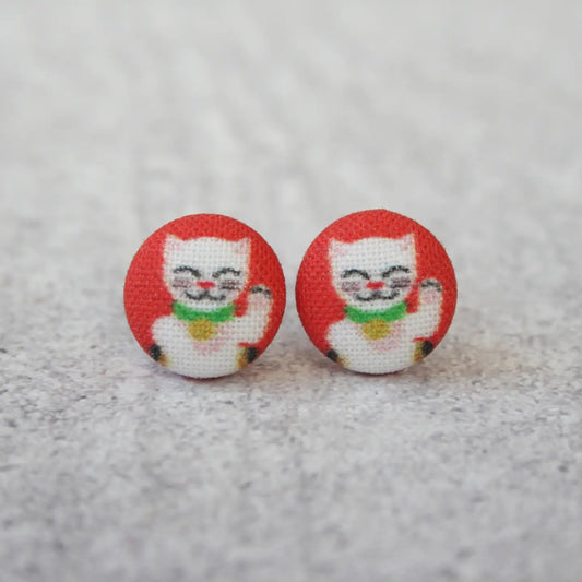 Rachel O's- Lucky Cat Fabric Button Earrings