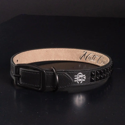 Mutt Couture- Black Leather Dog Collar with Black Studs