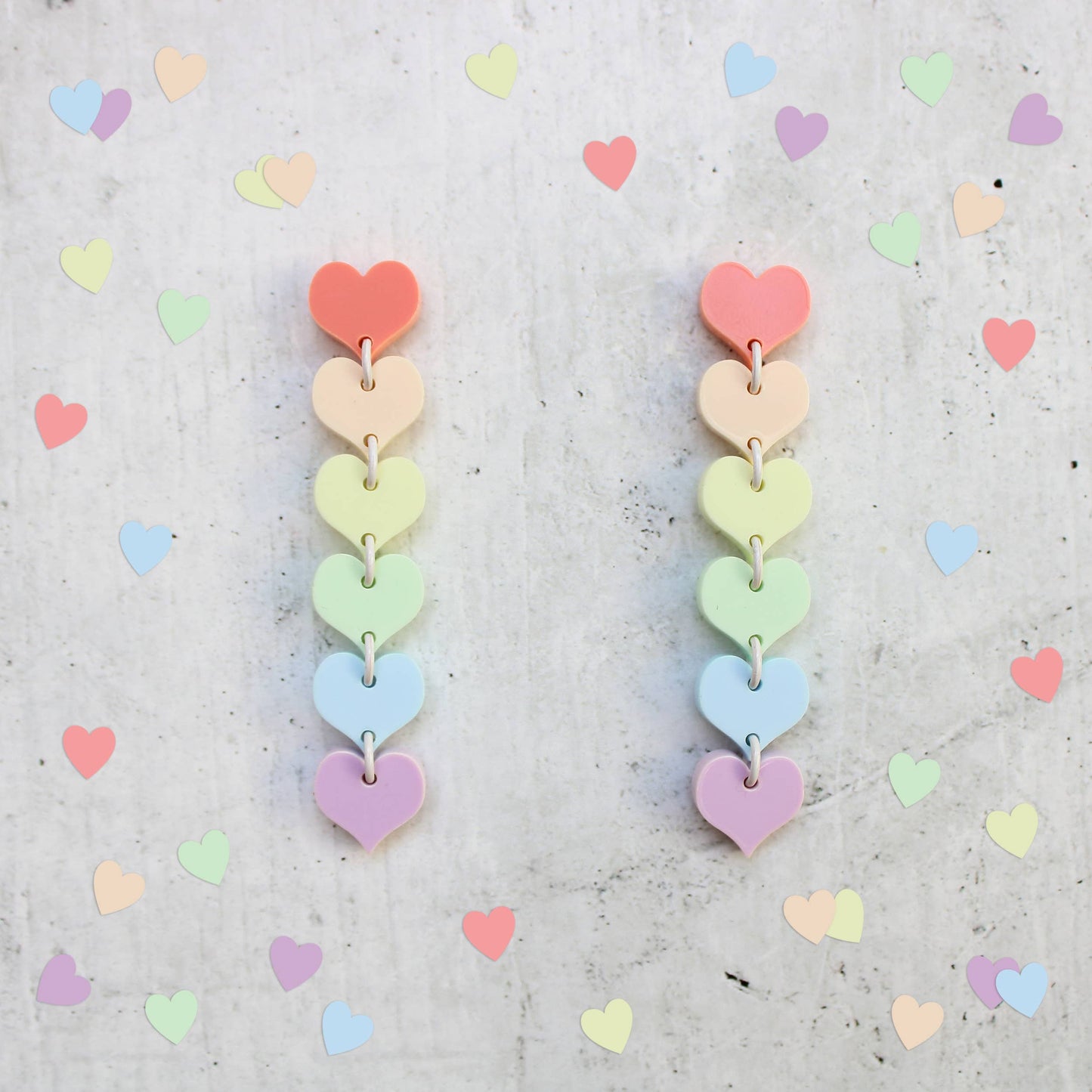 Rachel O's- Pastel Cascading Rainbow Hearts Acrylic Earrings