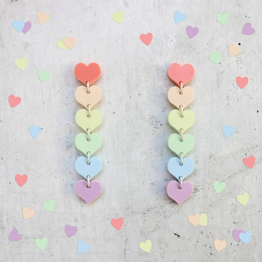 Rachel O's- Pastel Cascading Rainbow Hearts Acrylic Earrings