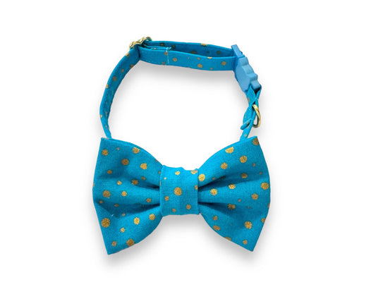 Whiskers Crafts- Cat Collar With Bow Tie - Blue & Gold Dots