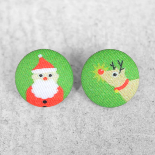 Rachel O's- 7/8in Santa and Reindeer Fabric Button Earrings