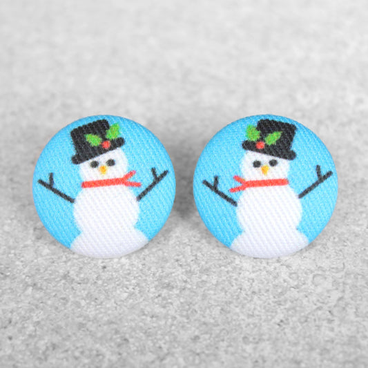 Rachel O's- 7/8in Snowmen Fabric Button Earrings